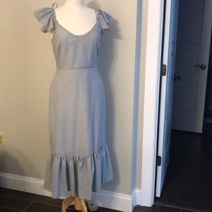 Blue and white seersucker mid length dress